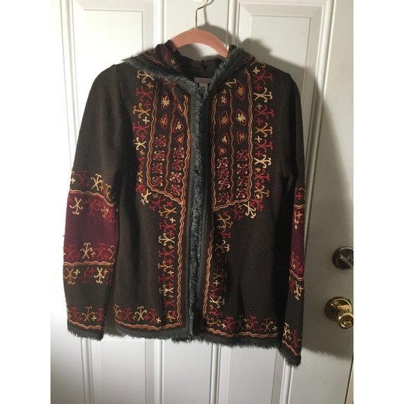 Lux wool abstract embroidered brown sweater grey fur trim size Medium - Picture 1 of 6